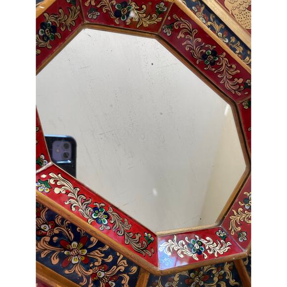 Peruvian Wall Mirror Octagonal Wood Frame Reverse Glass Painting birds flowers - Picture 2 of 16